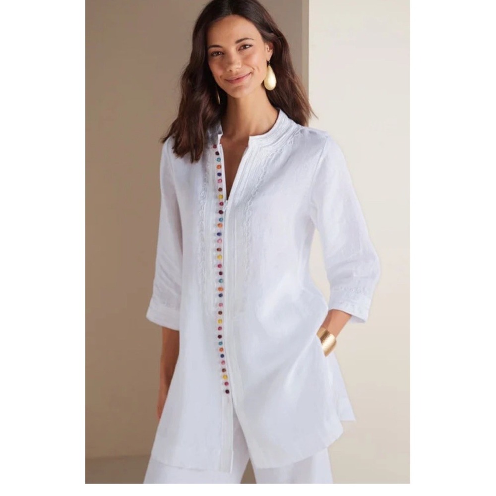 Soft Surroundings Desert Linen Tunic Top Embroidered Full Zip M Boho Beach Coast